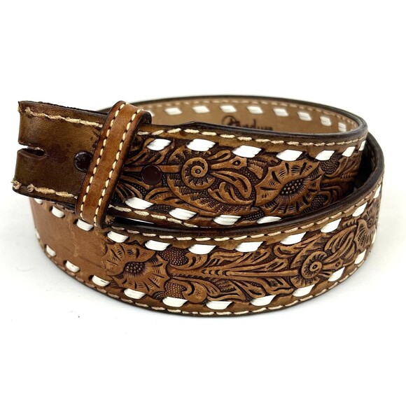 Vintage Tandy Leather Hand Tooled Belt Western Floral White Lacing Sz 34 USA - Picture 1 of 15